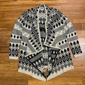 Lucky Brand Cardigan Womens Large Cream Black Open Front Geometric Print Sweater